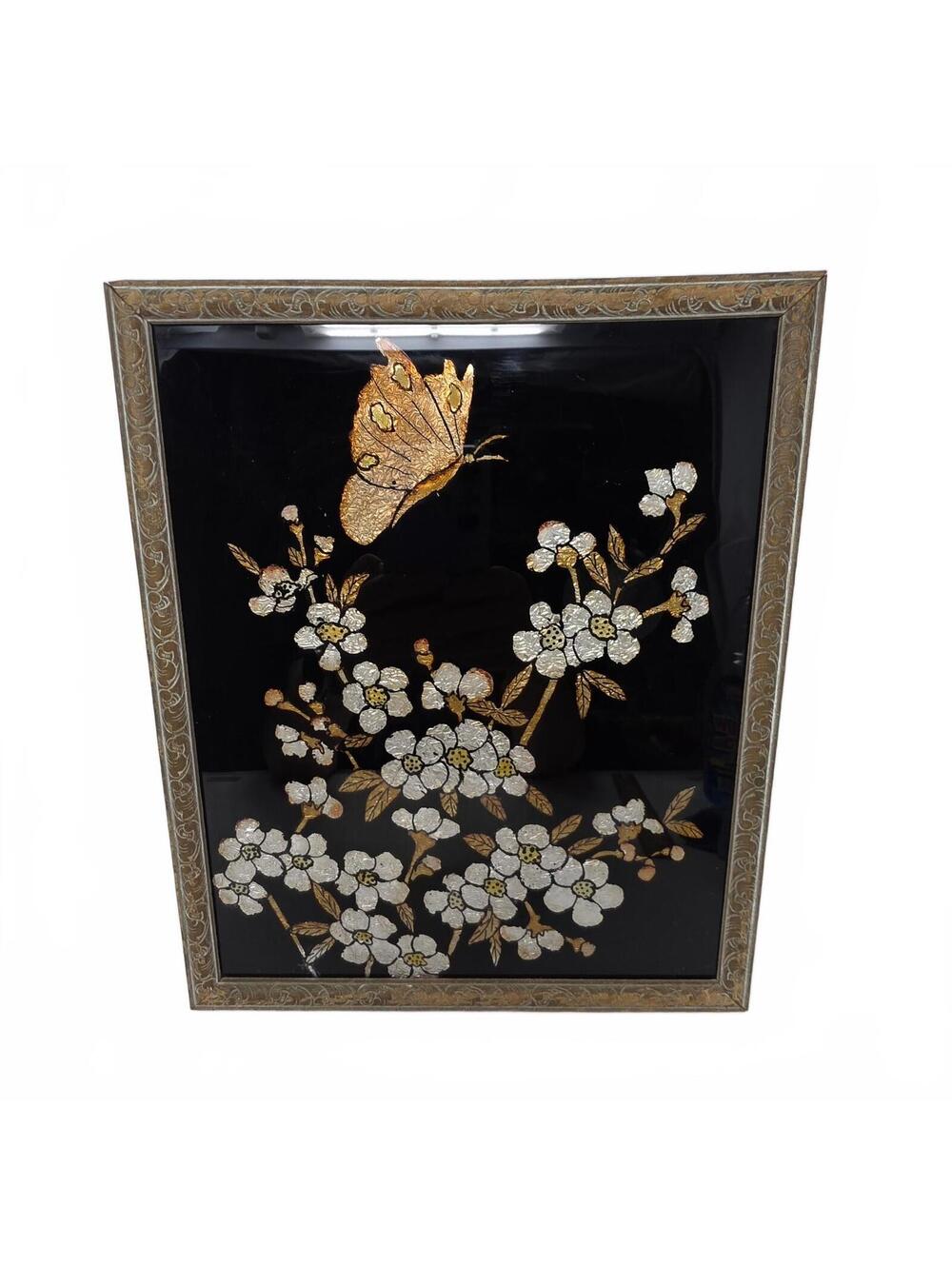 Vintage Reverse Painted Foil Glass Butterfly Floral Wall Art